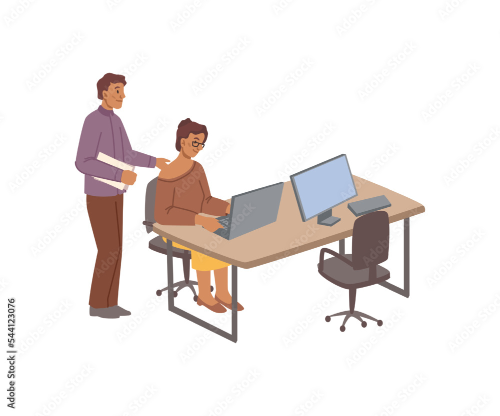 Poster People working in office, isolated employee sitting by desk typing in computer. Boss or manager with document asking and interacting. Vector in flat cartoon style