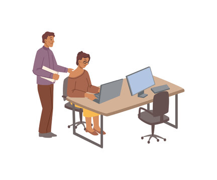 People working in office, isolated employee sitting by desk typing in computer. Boss or manager with document asking and interacting. Vector in flat cartoon style