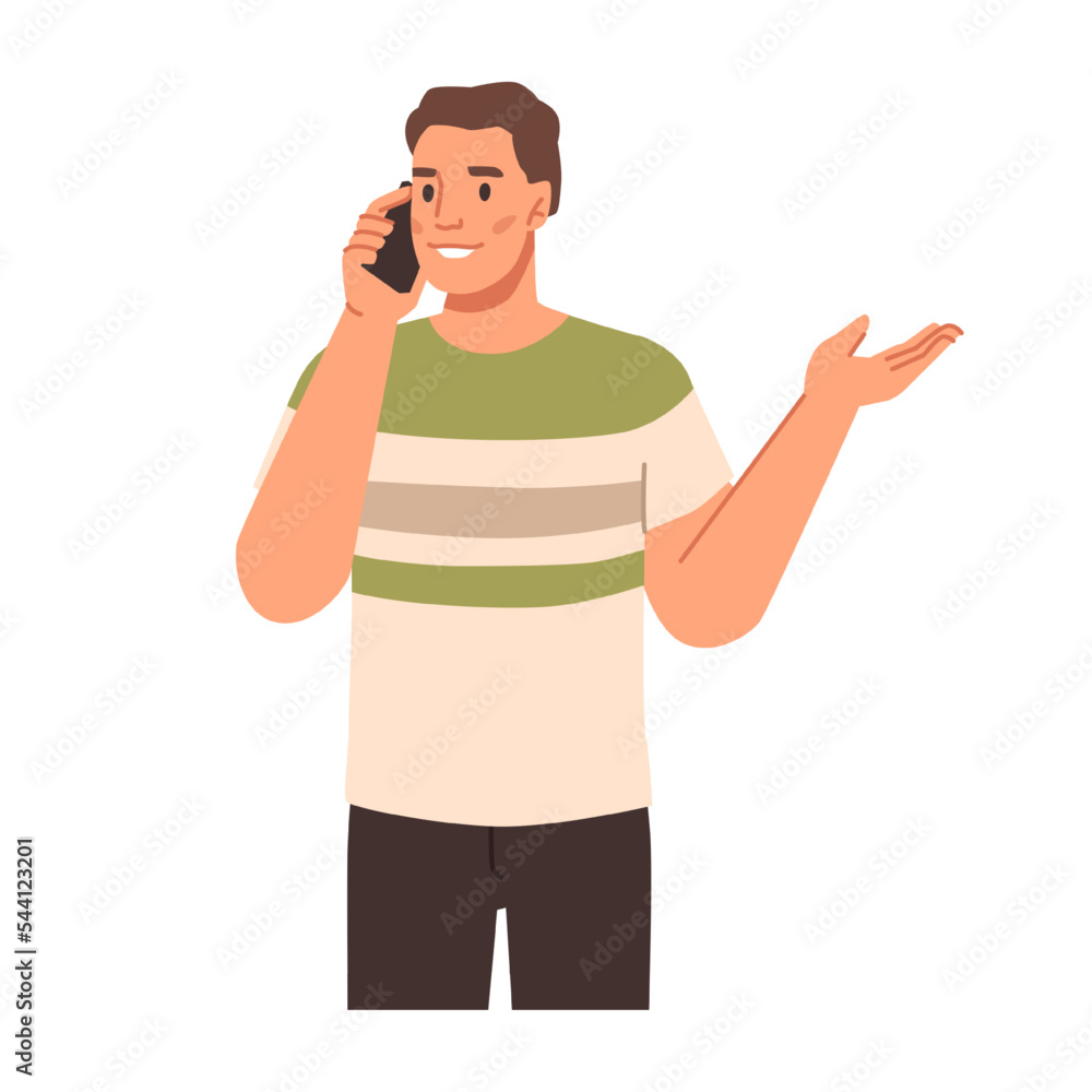 Aufkleber Male character talking on phone, business person discussing matters on smartphone. Guy gesturing and explaining in conversation via cell. Vector in flat cartoon style