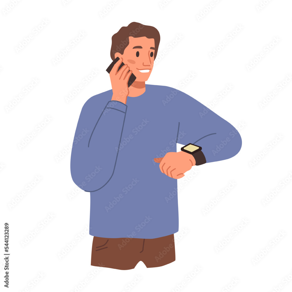 Poster Guy talking on smartphone and looking at watch checking time. Man with gadget for life improvement and convenience. Flat cartoon character, vector in flat style