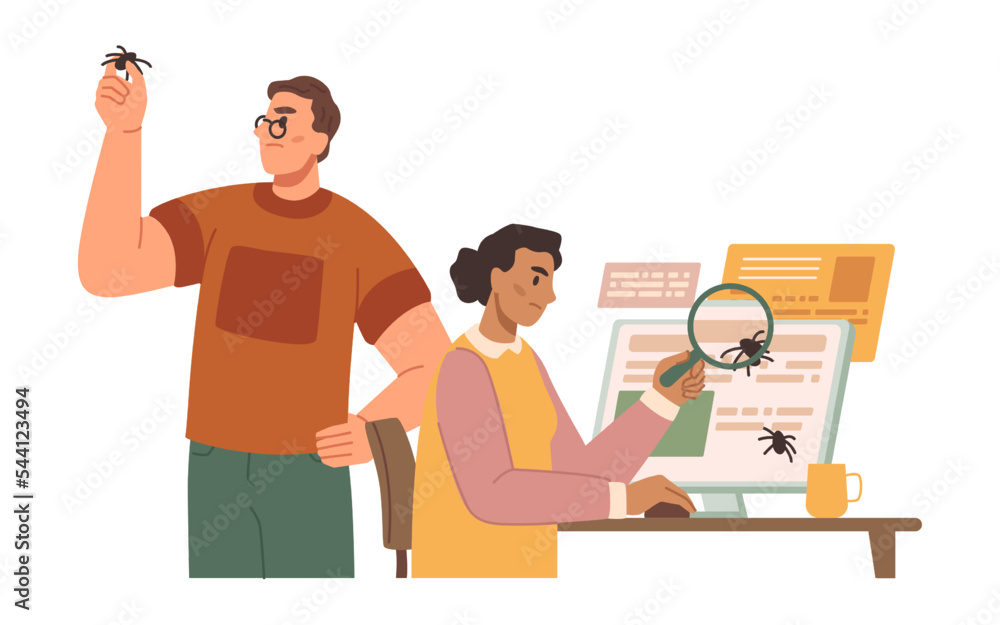 Aufkleber Programmers looking for bugs and fixing programs. Man and woman with magnifying glass checking software. Quality assurance teamwork. Vector in flat cartoon style