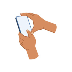 User hand holding smartphone, isolated arms using mobile phone. Modern cell with touchscreen, flat and big empty screen with copy space. Vector in flat cartoon style