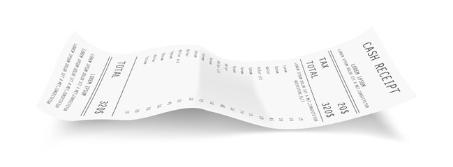 Cash receipt from supermarket, cafe or hotel. Vector cash register sale receipt print, paper template. Realistic financial atm transaction check