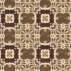 Mosaic geometric dark brown seamless texture pattern. Trendy kaleidoscope woven design for printed fabric. Rough abstract textile design. 
