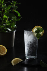 A glass with sparkling water with lemon