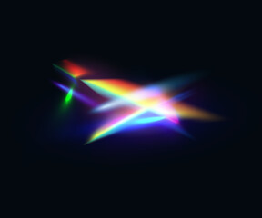 Diamond light flare, rainbow crystal light leak flare reflection effect. Vector colorful optical lens or lights beam, flare leak overlay streak. Glowing spectrum glare