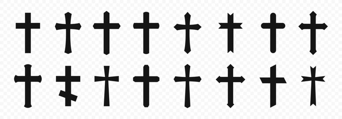 Christian cross icon collection. Christianity symbol set. Flat black christian cross icons. Christian cross different shapes. Vector graphic