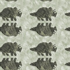 Green hand drawn triceratops dinosaur seamless pattern. Gender Neutral Jurassic fossil silhouette for baby nursery. Gender neutral home decor for museum, extinction and textile design.  © Leah