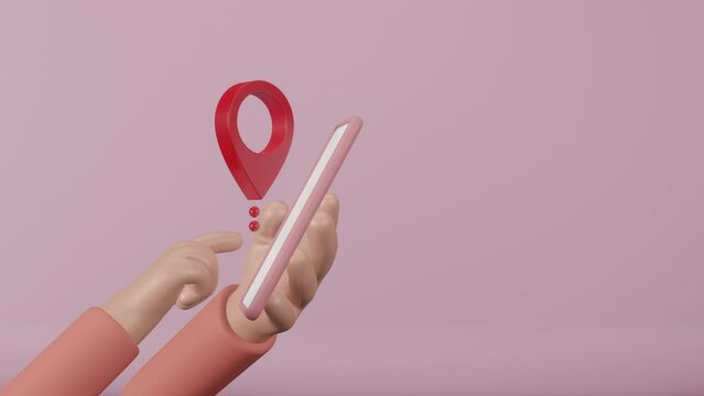 3D cartoon hands holding smartphone to check map to travel with internet and gps application, marked location icon. Concept of Internet maps and navigation. Technology internet. 3d animation