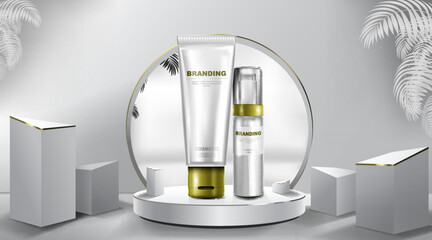 Cosmetic tube and realistic bottle at stage pedestal. Branding and packaging design template. vector illustration.