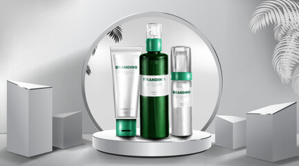 Cosmetic tube and realistic bottle at stage pedestal. Branding and packaging design template. vector illustration.