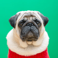 Beige pug dog in a red sweater on a green background. Square photo for Instagram.