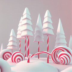 Christmas and New Year background. Xmas pine fir lush tree Giant Candy cane in a winter scene.Bright Winter holiday composition. Greeting card, banner, poster Christmas element 3d illustration winter.