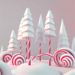 Schilderijen op glas Christmas and New Year background. Xmas pine fir lush tree Giant Candy cane in a winter scene.Bright Winter holiday composition. Greeting card, banner, poster Christmas element 3d illustration winter. © Studio Multiverse