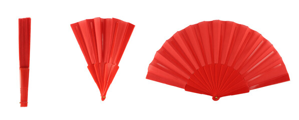 Fototapeta Red hand fan opening proces. Fold and unfold traditional hand fan obraz