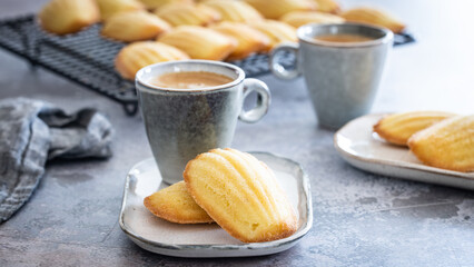 Freshly baked madeleines with a cup of coffee