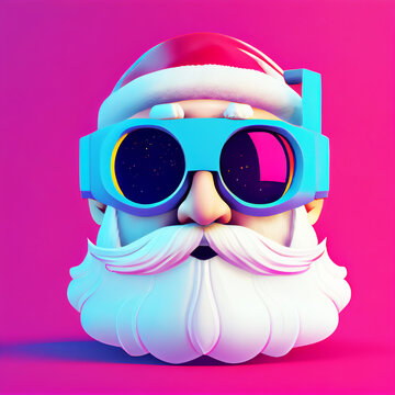 Santa Claus 3d Head In Virtual Reality Space In VR Glasses Neon Sci-fi Cyberpunk 3D Illustration. Merry Christmas And Happy New Year Greeting Card Design Template. Tech Digital Metaverse Gaming Santa.