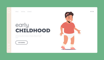 Early Childhood Landing Page Template. Little Baby Girl Learn to Walk. Cute Cheerful Smiling Child Female Character