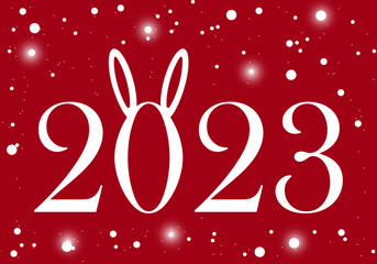 2023 Merry Christmas and Happy New Year. Numbers with ears. The card of red and white colors