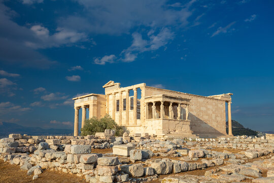 Ancient Greek History - statues of caryatids on the Parthenon on the hill of the Acropolis, Athens, Greece, Europe