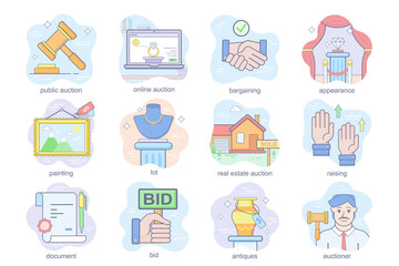 Auction business concept flat icons set. Bundle of online or public auction, painting lot, bargaining, raising and bid hands, document and other. Conceptual pack color symbols for mobile app