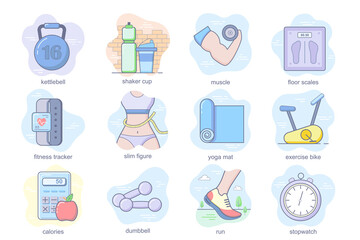 Fitness concept flat icons set. Bundle of kettlebell, shaker cup, muscle, floor scales, tracker, slim figure, sport, exercise, calories and other. Conceptual pack color symbols for mobile app