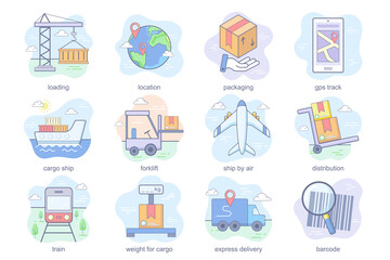 Shipping concept flat icons set. Bundle of loading, location, packaging, gps track, cargo ship, forklift, distribution, express delivery and other. Conceptual pack color symbols for mobile app
