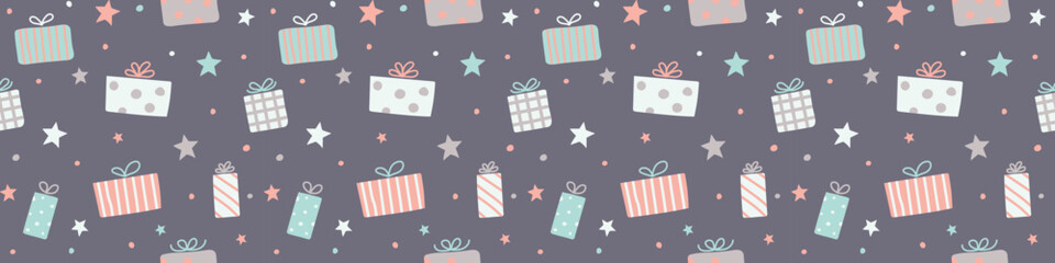 Christmas pattern with hand drawn present boxes. Xmas wrapping paper concept. Banner. Vector