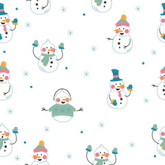 Pattern with snowman on white background. Vector