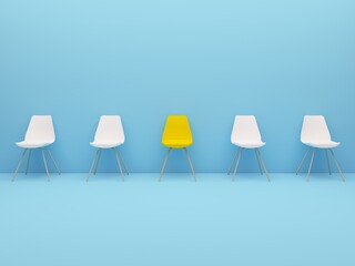 outstanding yellow chair among light white chair. Chairs with one odd one out in light blue color room. business concept.3d rendering illustration