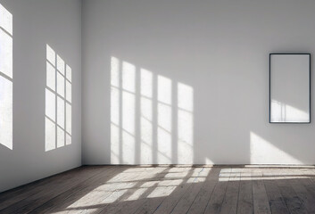 Fototapeta premium 3D rendering old plate of white canvas on white wall in empty room