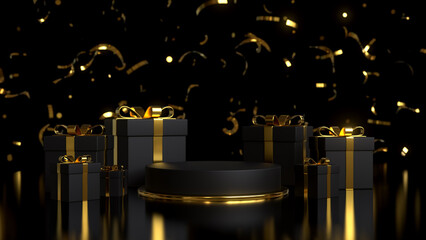 Holiday background with podium. Mockup holiday presentation. Black and gold decor. 3d render illustration