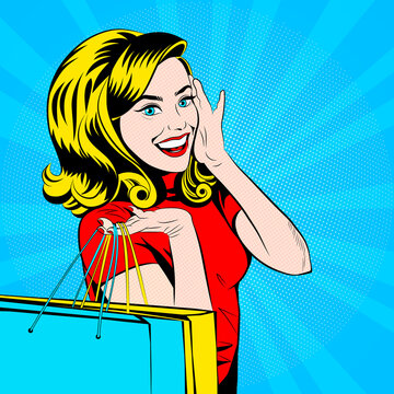 Happy excited pop art girl smiling and holding shopping bags in her hand. Sales. Portrait of young beautiful surprised woman, vector illustration, retro style stylization of the 50s of 20th century