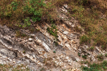 Textured background of a mountain rock on an autumn day. The natural texture of a mountain cliff with cracks and vegetation. Abstract background image of the rocky mountains. Mountain slopes close-up.