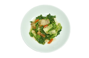 fried Brussels sprout with slice crispy pork in oyster sauce on plate 