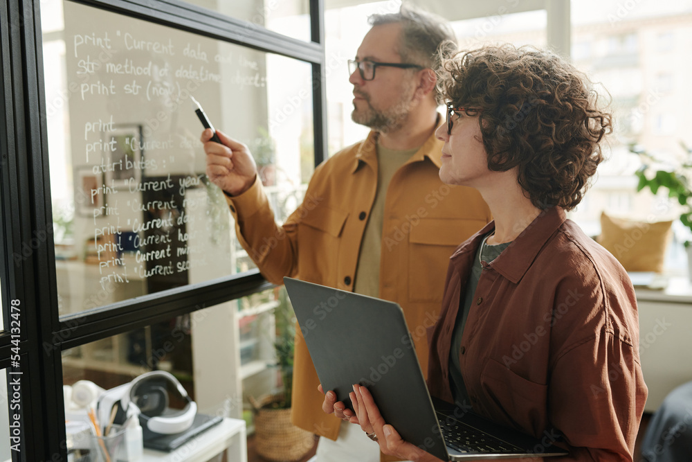 Poster young woman with laptop looking at notes on transparent board and listening to colleague explaining 