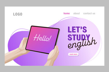 Website, Landing page, Let's study english. Online Education, Hands holding tablet. Educational webinar, internet classes, digital classroom, online teaching isolated template. Vector illustration.