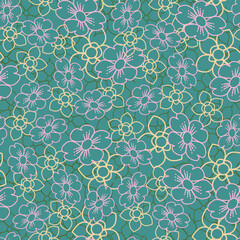 Green background and yellow, pink and green flowers seamless pattern background.  Perfect for fabric, scrapbooking, quilting, wallpaper and many more projects.