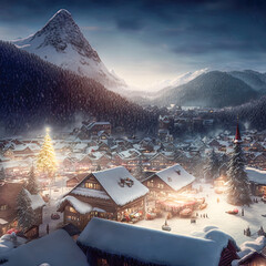 Weihnachtliche Winterlandschaft Christmas Jahreszeit Berge Alpen Schnee Ländlich Ruhig Digital AI Art Illustration
