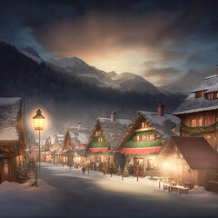 Weihnachtliche Winterlandschaft Christmas Jahreszeit Berge Alpen Schnee Ländlich Ruhig Digital AI Art Illustration
