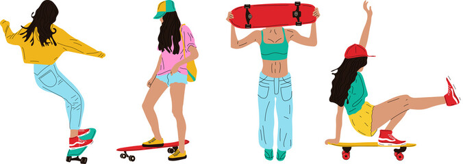 Girls set on board. Girl ride on skateboard or longboard Trendy female teenager   © Inna