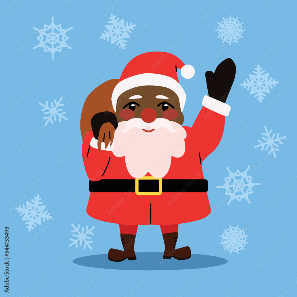 Wall mural Cute dark-skinned Santa Claus waves his hand and keep the bag with gifts. Blue background with snowflakes. Vector illustration cartoon flat style