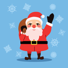 Cute white Santa Claus hold the bag with gifts and waves his hand. New year and Merry Christmas vector illustration in cartoon flat style. Background with snowflake, winter design