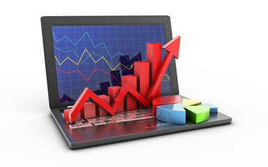 3d rendered Global business network and business graph on laptop on a white background
