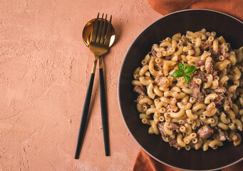 Pasta with stewed meat, pasta in the navy, horns, homemade, no people,