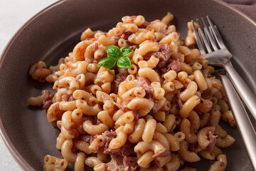 Pasta with stewed meat, pasta in the navy, horns, homemade, no people,