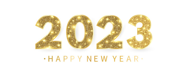 2023 Happy New Year greeting card with gold glitter number. Winter Holiday party template. Clear white frame. Merry Christmas border with text and decor. Luxury celebration design. Vector illustration