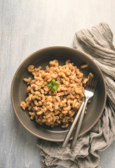 Pasta with stewed meat, pasta in the navy, horns, homemade, no people,