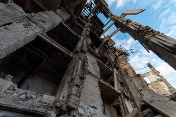 destroyed and burned houses in the city during the war in Ukraine