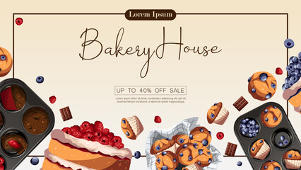 Pastry, cooking, baking products, muffins, cakes, copy-space on neutral. Bakery, shop, confectionery, food concept. Vector illustration for poster,banner,flyer,menu,advertising. 